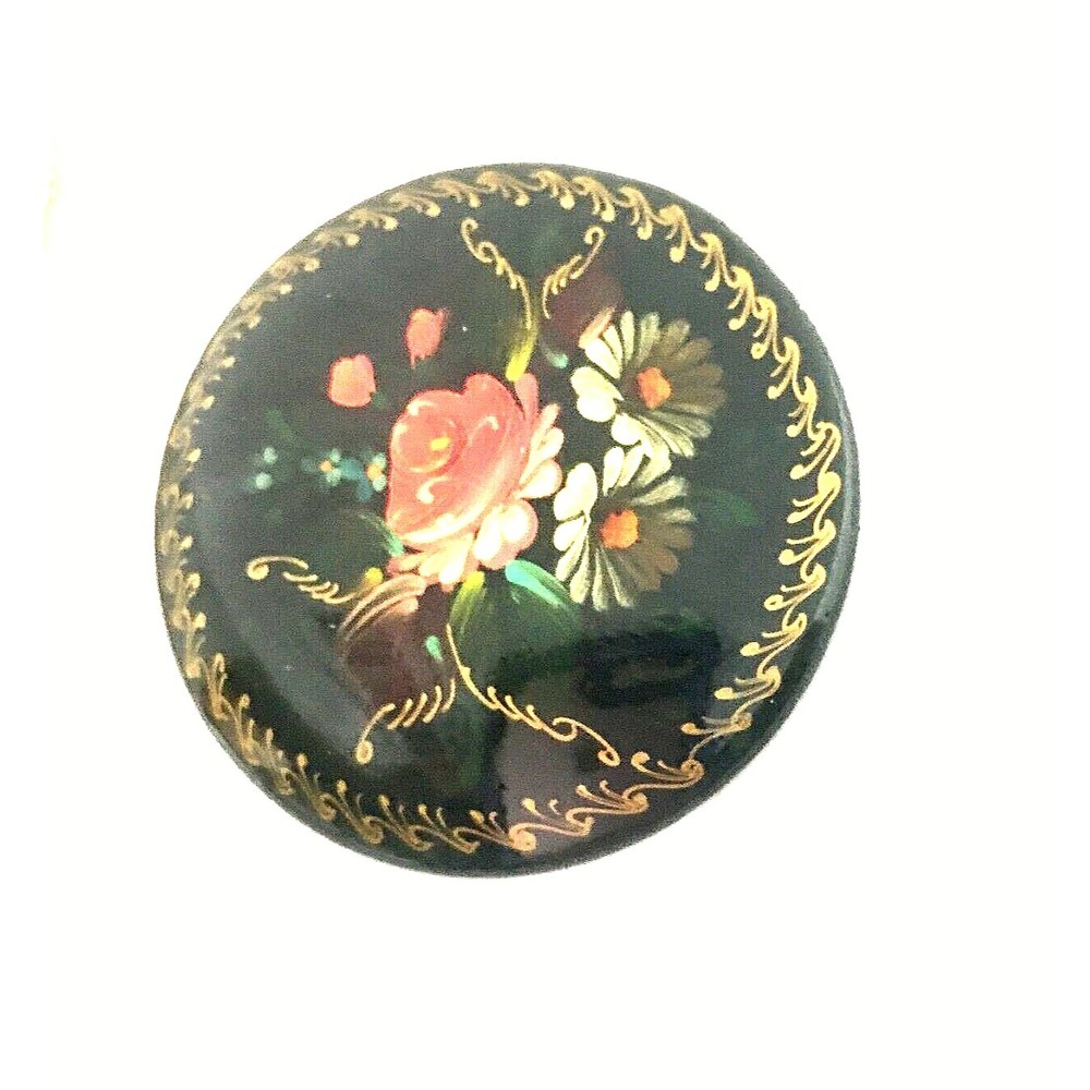 Vintage Signed Russian Folk Art Handpainted Lacquer Brooch Pin Zhostovo Moscow